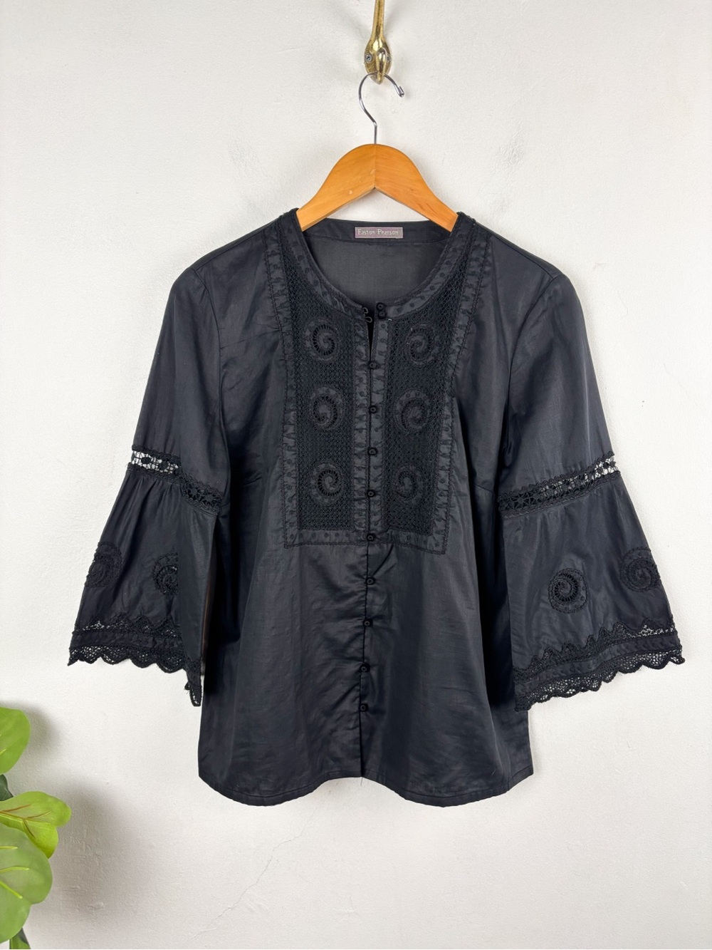 Easton Pearson Black Cotton Bell Sleeve Bohemian Button Down Top Sz 12